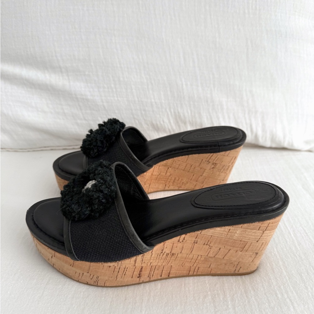 Coach Jazmin Black Leather & Cork Wedge Sandals - Picture 3 of 8